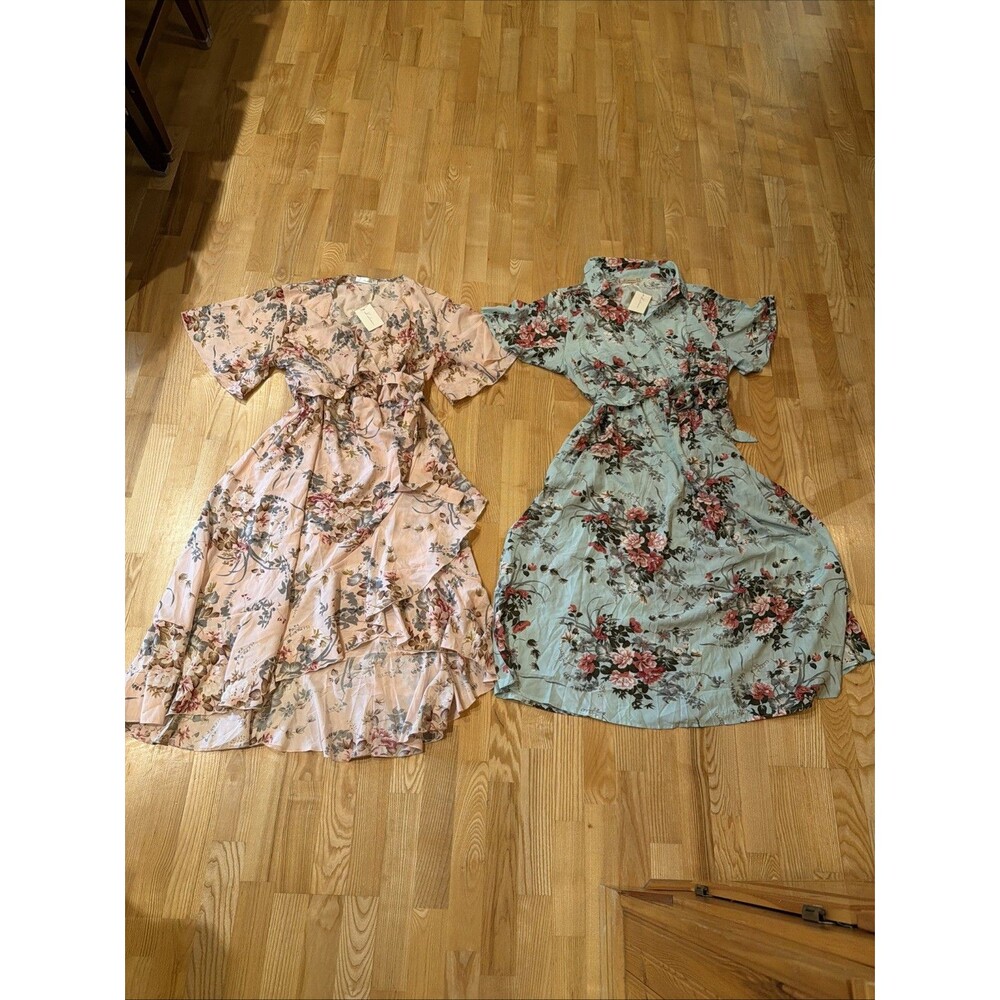 2 Keluummi Maxi Dress Plus 18 Pink Blue Floral Tie Waist A-Line Cottagecore NWT